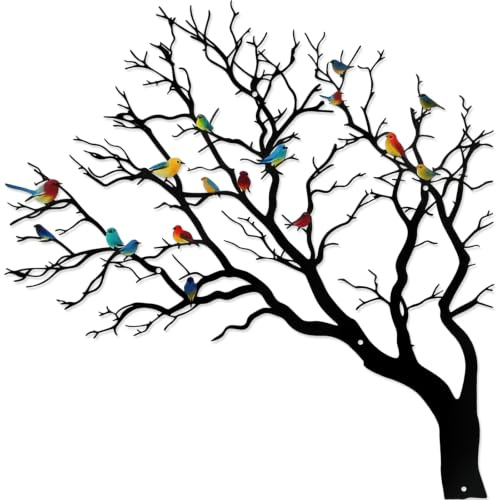 YiYa Metal Birds on Branch Wall Art 47cm Tree of Life Silhouette Sculpture | Metal Birds and Tree of Life Wall Art Indoor Outdoor Hanging Decor for Living Room Bedroom Balcony Garden