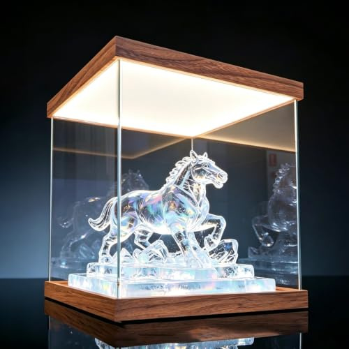 UrbanUp Vitrine Acrylique Vitrine Cubique en Acrylique avec Éclairage, Vitrine Carrée Transparente avec Socle en Bois, Boîte Décorative de Bureau 15/20/25/30/40/50/60/70/75cm(14x14xH14/35x35x35cm)