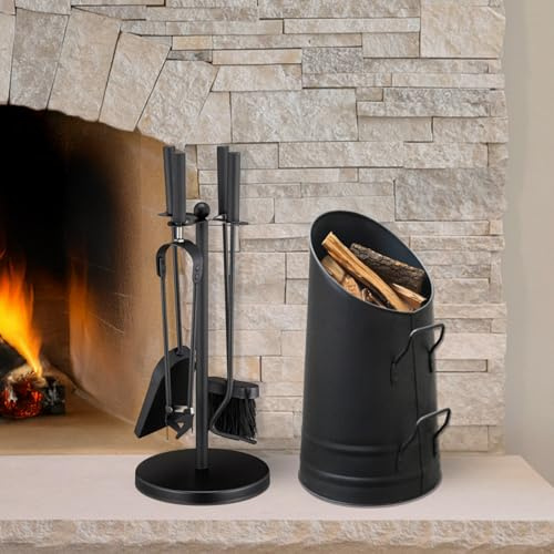Large Coal Metal Bucket & 5 Piece Fireplace Companion Set with Tools, Black | Large coal scuttle, 5pc fireplace companion set, heavy-duty steel, matte black finish, poker, brush, shovel, tongs, stand