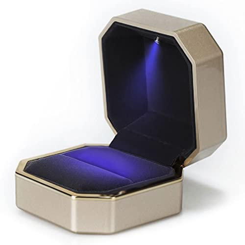 AVESON Luxury Ring Box, Square Velvet Wedding Ring Case Jewelry Gift Box with LED Light for Proposal Engagement Wedding, Gold