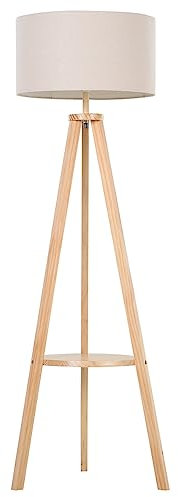 HOMCOM Lampada da Terra con Ripiano Intermedio Paralume in Lino Interruttore a Pedale Risparmio Energetico Altezza 154cm, Legno, 50x50x154 cm