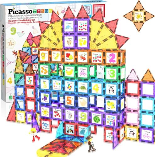 PicassoTiles 121pc Master Builder Magnetic Building Block Construction Set Blocs de tuiles aimantées avec Camion de Voiture, 2 Figurines d'action de caractère, 28 Animaux de l'alphabet éducatif