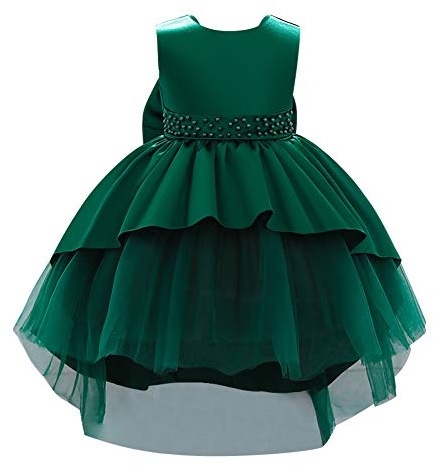 IWEMEK Fille De Fleur sans Manches Hi-lo Plissé Satin Tulle Bowknot Robe De Princesse Demoiselle d'honneur Robes De Mariée Communion Fête d'anniversaire Soirée Robe De Bal Vert foncé 3-4 Ans