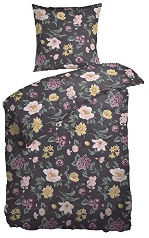 Arctic Bettwäsche 135x200 Satin I Bettbezug aus 100% Baumwolle mit Oeko-Tex Standard 100 I Bettzeug 2tlg., inkl. Kissenbezug 80x80 I Nordisches Design aus Dänemark, schwarz mit Blumen-Muster