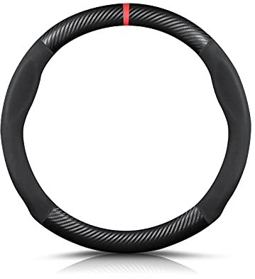 Ergocar Forma Rotonda Fibra di Carbonio e Pelle PU in Microfibra Coprivolante Antiscivolo Coprivolante per Auto Universale Sport Traspirante Per diametro 38 cm（15）-Nero Rosso