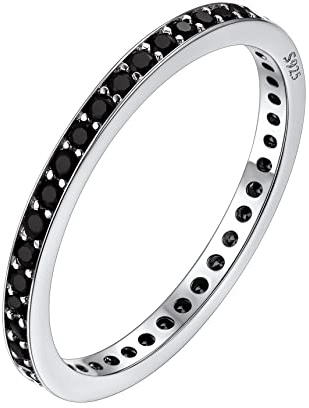 Bestyle Bague en Argent 925 Bijoux Bague de Mariage Bague de Fiançailles pour Femme Fille 2mm Large Cadeau Anniversaire Zircon Noir Taille 62