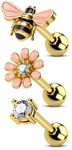 CM Crareesi Mania 3 Stück Helix Piercings Gold Bienen Blume Ohrringe Stecker 16G 316L Edelstahl Ohrloch Stecker Conch Cartilage Piercing Gold Zirkonia Tragus Daith Piercing Schmuck für Damen
