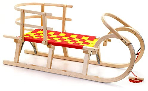 HolzFee Baran S-Plus 110 RG Hörnerschlitten mit Gurtsitz Rot - Gelb mit Lehne