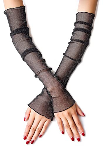 IBLUELOVER UV-skydd långa spetshandskar fingerlösa solskyddshandskar sommar kylande ärmar körhandskar nät tyll solskyddshandskar för kvinnor flickor, Svart, M