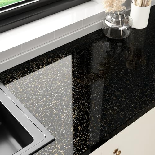 Black Gold Galaxy Granite Wallpaper Marble Contact Paper Peel and Stick Countertops 15.8x394 Bathroom Waterproof Kitchen Vinyl Sticker Self Adhesive Removable Marble Counter Top Stick Paper Table