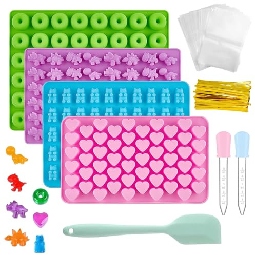 MIPIACE 4 Piezas Moldes Gominolas Silicona Reutilizable Moldes de silicona para caramelos Molde Bombones con 2 Goteros para Hornear Hacer Ositos de Goma Chocolates Cubitos Hielo