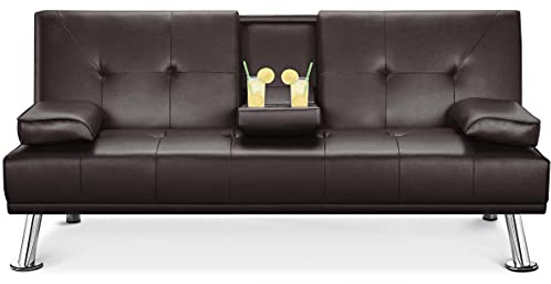 Yaheetech Sofá Cama de 2 Plazas Cama Plegable Tapizada de Piel sintética Sofá con Soporte de Botella Cama 167 X94 cm MAX Capacidad 350 KG Marrón