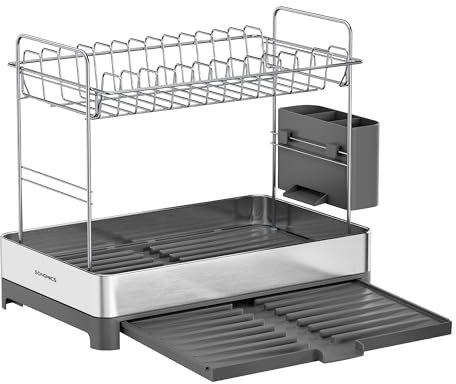 SONGMICS Abtropfgestell 2-stufig, ausziehbarer Abtropfständer, Geschirr-Abtropfgestell mit Utensilienhalter, rostfrei, für Geschirr, Messer, Löffel, Gabeln, silbern-grau KCS036G01