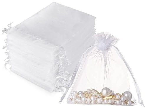 Leylve 100 Stück Organzasäckchen, Organzabeutel, 10 x 15 cm, Geschenkbeutel, Schmuckbeutel, Hochzeit-Säckchen, Lavendelsäckchen-Säckchen, Hochzeitsbevorzugung, Festivalparty, Satin-Kordelzug(Weiß)