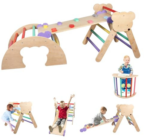 BommJokker 4 in 1 Wooden Pikler Triangle Set Triangle Climber Set Climbing Triangle Montessori Climbing Toys for Toddlers Indoor Playground with Ramp and Arch Climber (Multicolor)