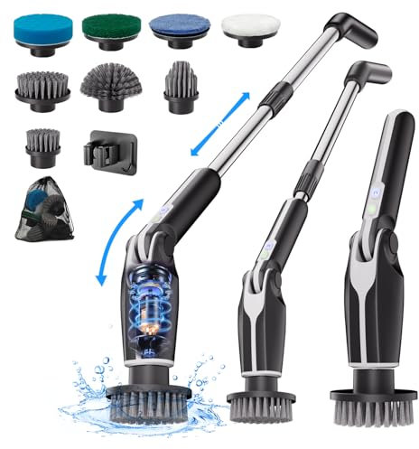 Elektrische Reinigungsbürste, Upgrade Electric Spin Scrubber Schnurlos mit 8 Austauschbaren Bohrbürstenköpfen, Duschreinigungsbürste mit 132cm Verstellbarem Griff, für Bad, Fliesenboden und Küche