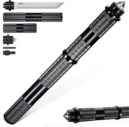 Japaknives Survival Messer 5 in 1 Jagdmesser Outdoor D2 Stahl Bushcraft Messer Hochwertige Aluminiumlegierung Multifunktionsstock mit Pfeife Glasbrecher Feststehende Messer für Camping Fischen Schwarz