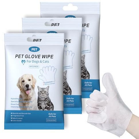 Handschuhtücher für Haustiere, Reinigungs- und desodorierende Fellpflegehandschuhe, Hundetücher für die tägliche Körperpflege, Fellpflegetücher für Katzen, geruchs- und parfümfrei, 3er-Pack/18 Stück