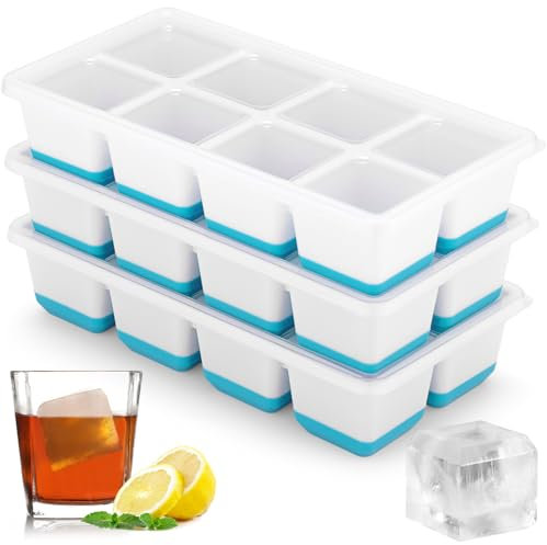 Sinnsally Silicone Ice Cube Trays,3 Pack Large Ice Cubes Tray with Lid,Square Big Silicone Ice Cube Moulds Set for Freezer Container,Reusable BPA Free Ice Cube Molds Maker for Whiskey,Cocktails(Bule)