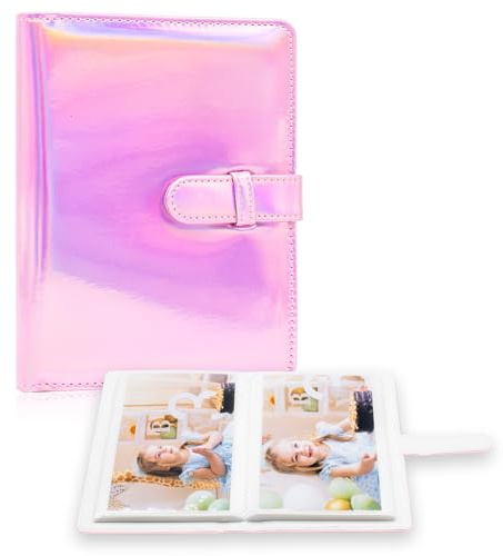 Álbum de fotos de 4 x 6 pulgadas, 68 bolsillos, pequeña capacidad, funda de piel vegana, funda de fotos portátil para niños y niñas, cumpleaños, boda (Rosa mágico)
