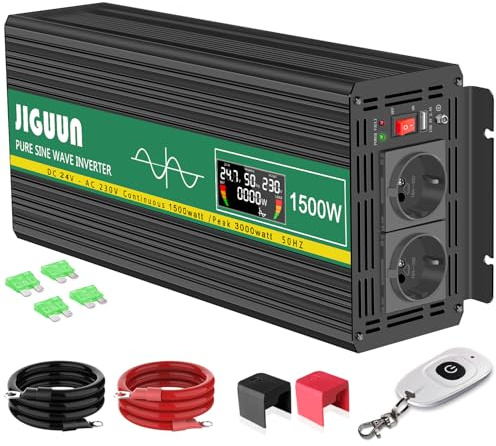 JIGUUN 1500W 3000W Wechselrichter 24V auf 230V Reiner Sinus Spannungswandler mit LCD-Anzeige,AKabellose Fernbedienung,2 EU Steckdosen,1 USB,Geeignet für Wohnmobil,Camper,LKW,Kfz Konverter