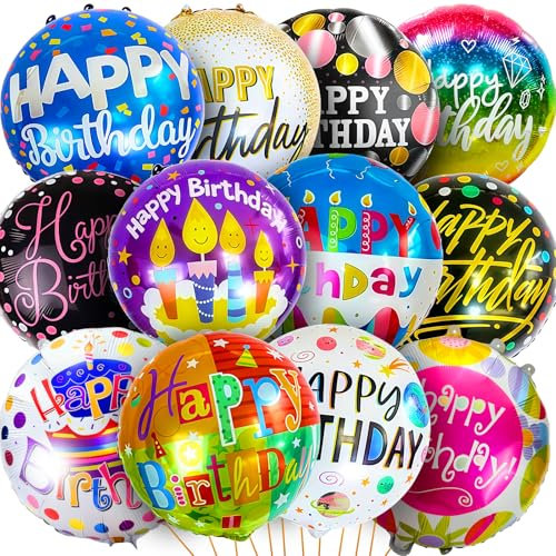 Happivue 24pcs Happy Birthday Foil Balloons, 18 Inch Round Helium Balloon, 24pcs Colorful Birthday Balloons Rainbow Party Decorations for Women Party Supplies
