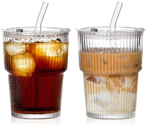 VITEVER 2PCS 380ML Ribbed Glass Tumblers with Lids and Straws, Iced Coffee Cup, Leakproof Glass with Straw and Lid for Iced Coffee, Cocktail, Tea, Smoothie