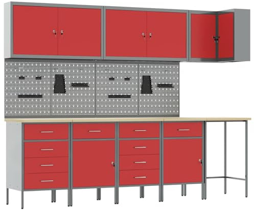 vidaXL Set di Armadi per Attrezzi Grandi 2 Armadi + 4 Pannelli per Attrezzi in Acciaio | Organizzatore per Officina e Garage | Colore Nero Grigio | capacità Massima di Carico di 15 kg | Soluzioni O