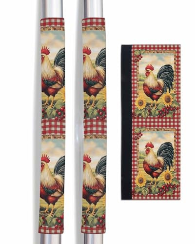 Homechoid Vintage Rooster Refrigerator Door Handle Covers Set of 2, Pastoral Watercolor Sunflower Plaid Kitchen Appliance Covers Handle Decor Protector for Ovens Dishwashers Microwave Ornaments
