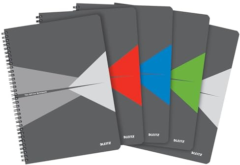 Leitz Office Collegeblock (5-pack) – A4 Rutad Anteckningsblock med Kartongomslag, Spiralbindning, 360 Grad Öppning, 180 Sidor / 90 Ark FSC-Certifierat Papper (80 g/m²), För Kontor & Skola, 46471099