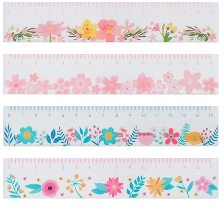 BAYTORY 4 règles en plastique de 15 cm, petites règles avec marquage centimétrique pour mesurer dans les écoles et les bureaux (Fleur)