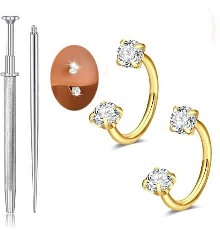 MODRSA Gold Horseshoe Nose Ring 20g Double Gem Horse Shoe Nose Ring Hoop for Women Surgical Steel Half Hoop U Shape Tragus Earring Hoops Labret Lip Helix Piercing Jewelry Septum Rings 20 Gauge 2pcs