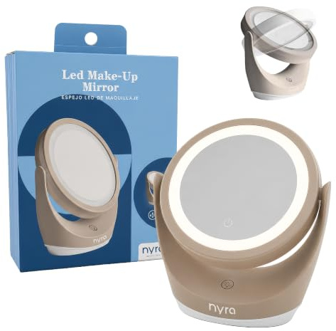 Nyra Specchio LED Dual 360° Ricaricabile (Ingresso di Ricarica 5V/2A, Capacità Batteria 3.7V/800mAh, 3 Modalità di Luce, Ingrandimento 1x e 5x, Rotazione 360°, Cavo Tipo C: 90cm)