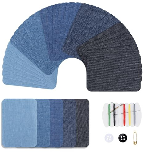 30 Pezzi Toppe Termoadesive Jeans - Patch per Riparazione Vestiti e Pantaloni (7,5 x 10,5 cm) - Kit Riparazione Denim 5 Colori con Set Cucito - Toppe da Stirare per Adulti e Bambini
