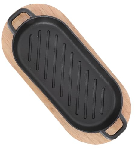 Luxshiny Plaque de Grill Rectangulaire Fonte avec Revêtement Antiadhésif Poêle Teppanyaki pour Steak et Poisson Plat à Rôtir Compatible Gaz et Induction avec Planche Bois