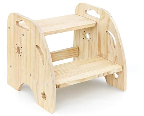 WEXFFU Taburete Infantil Madera con 2 Peldaños, Taburete para Niños con Asa, Taburete Estable, Capacidad 150 Kg, para Baño, Cocina, Habitación De Niños Y Bañera De Entrenamiento para Baño