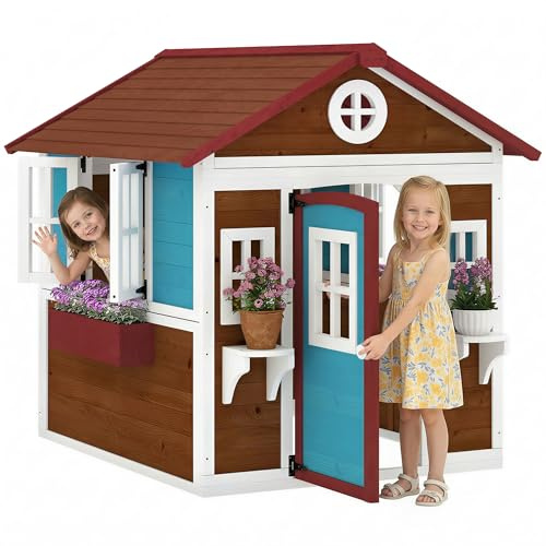Outsunny Casita Infantil Exterior e Interior de Madera, Casita Infantil con Puerta, Ventanas, Jardineras y Soportes de Flores, Casa de Jardín para Niños de 3-8 Años, Marrón Oscuro