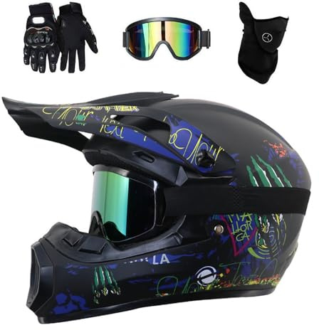 Full Face MTB Motocross Helmet, with Goggles Gloves Mask, Youth Kid Dual Sport Off Road ATV Scooter Motorbike Helmet, Downhill Quad Dirt Bike Enduro Crash Helmets(Matte Black Blue,M/56-57CM)