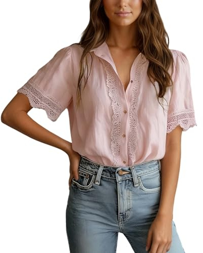 Cexiakong Blusa para mujer, camisa de encaje, monocolor, camisa de ocio, cuello en V, camisa de verano, transpirable, para exteriores, verano, senderismo, manga corta, camisa de trabajo, corte holgado