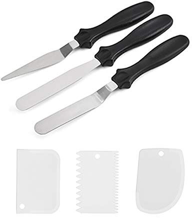 TSHAOUN 6 Stück Streichpalette Set inklusive 3 Stück Edelstahl Winkelpalette und 3 Stück Icing Smoother für Verteilen von Sahne, Backen von Kuchen und Kuchen Dekorieren (Schwarz)