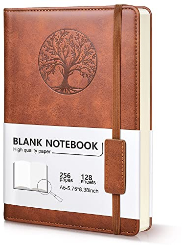 MUAHLIUB Blanko-Tagebuch, Notizbuch für Damen und Herren, 256 Seiten, A5, unliniert, Skizzenbuch, Hardcover, Leder, unliniert, zum Schreiben, Zeichnen (14 x 21 cm, braun)