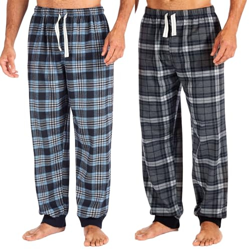 Style It Up Men’s Fleece Lounge Pants Pyjama Bottoms – Soft Warm Tartan Check & Plain PJ Pants, Cuffed Hem, Adjustable Drawstring Waist, Pockets, Nightwear & Loungewear (2 PACK, BLUE-GREY, M)