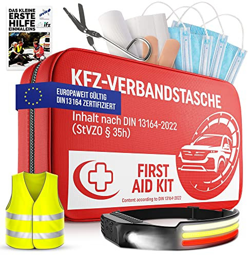Erste Hilfe Set Auto - Verbandskasten Auto 2023 geprüft – Verbandskasten ink. [Stirnlampe+Weste] – Verbandskasten Auto 2023 [EUROPAWEIT GÜLTIG] Sicherheit für den Notfall [DIN 13164]