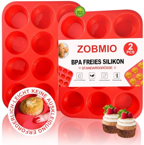 ZOBMIO 2 Stück 29,2 x 22 x 3cm Antihaft Muffinform, mit 12 Förmchen Muffinform Silikon, Wiederverwendbare Muffinblech, Silikon Muffinförmchen für Cupcakes, Brownies, Puddings, Mini-Muffins(Rot)