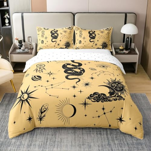 Sun Moon Snake Cotton Duvet Cover Exotic Eye Black Wild Animal Bedding Set for Kids Teens Adults Boho Tribal Trees Dreamcatcher Cartoon Planets Comforter Cover with 2 Pillowcases(No Comforter) King