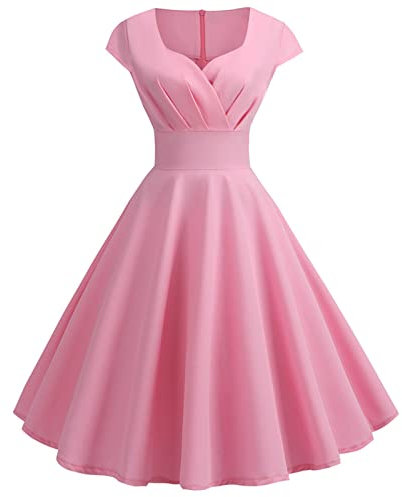 Women 1950s Audrey Hepburn Tea Dress Vintage Rockabilly Dress A Line Swing Cocktail Party Dress Plain Short Sleeve Retro Dresses Swing Flowy Pleated Dance Gown Pink