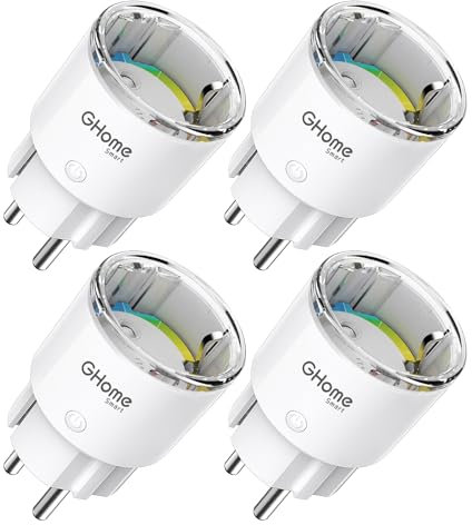 GHome Smart Steckdose mit Strommessung, Mini Wlan Steckdose kompatibel mit Alexa/Google Home, App Fernbedienung, Sprachsteuerung,Zeitplan, 10A,Nur 2,4GHz, TÜV-Zertifiziert (4 Packs)