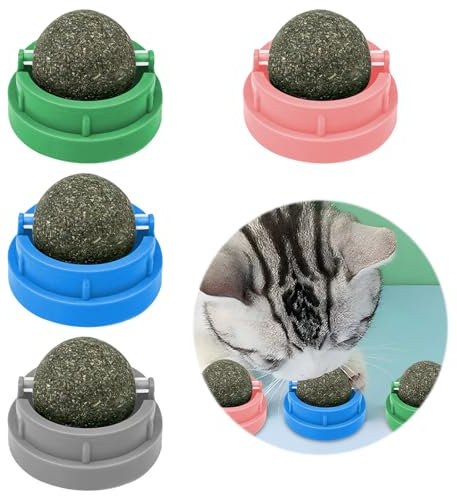 Maxentico Herbe à Chat(4Pcs), Catnip Jouet de Boules Cataire Comestibles Balls, Boule à Lécher Colle Au Mur, Ball a Chat Murale pour Chats, Nettoie Efficacement Les Dents et Augmente L'Appétit