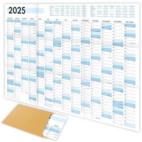 XXL Wandkalender 2025 groß (90x60cm) - Jahresplaner 2025 quer als Kalender für die Wand - Jahreskalender für 14 Monate mit Ferienübersicht - Kalender gefalzt für das Büro