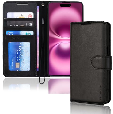 TECHGEAR iPhone 16 Leather Wallet Case, Protective Flip Case Cover with [RFID BLOCKING] Wallet Card Holder, Stand and Wrist Strap - Black PU Leather with Magnetic Closure for iPhone 16 6.1